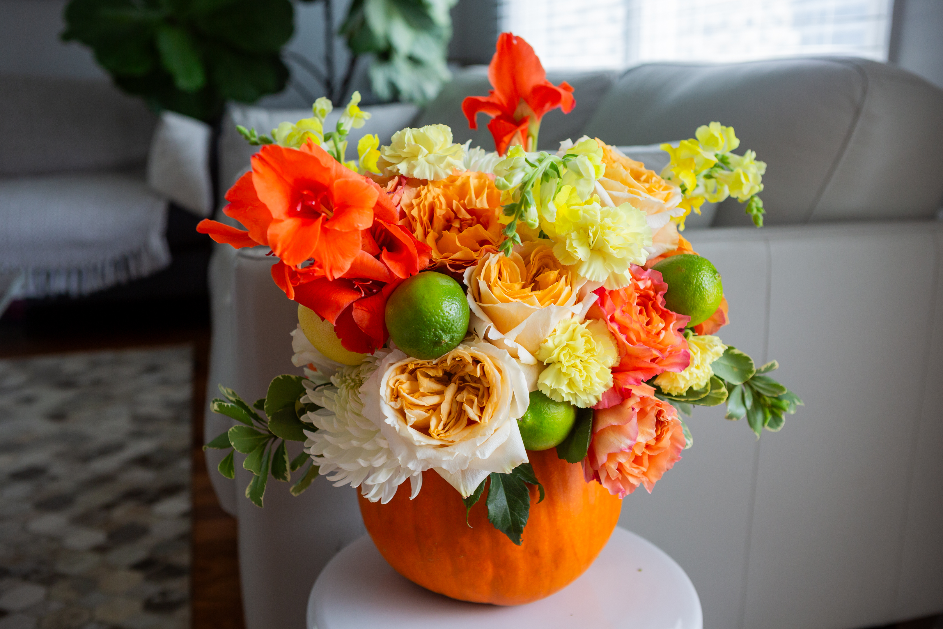 Pumpkins in Bloom — a fall pumpkin centerpiece with autumn blooms, Livingston NJ florist